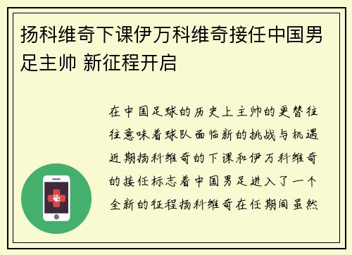 扬科维奇下课伊万科维奇接任中国男足主帅 新征程开启